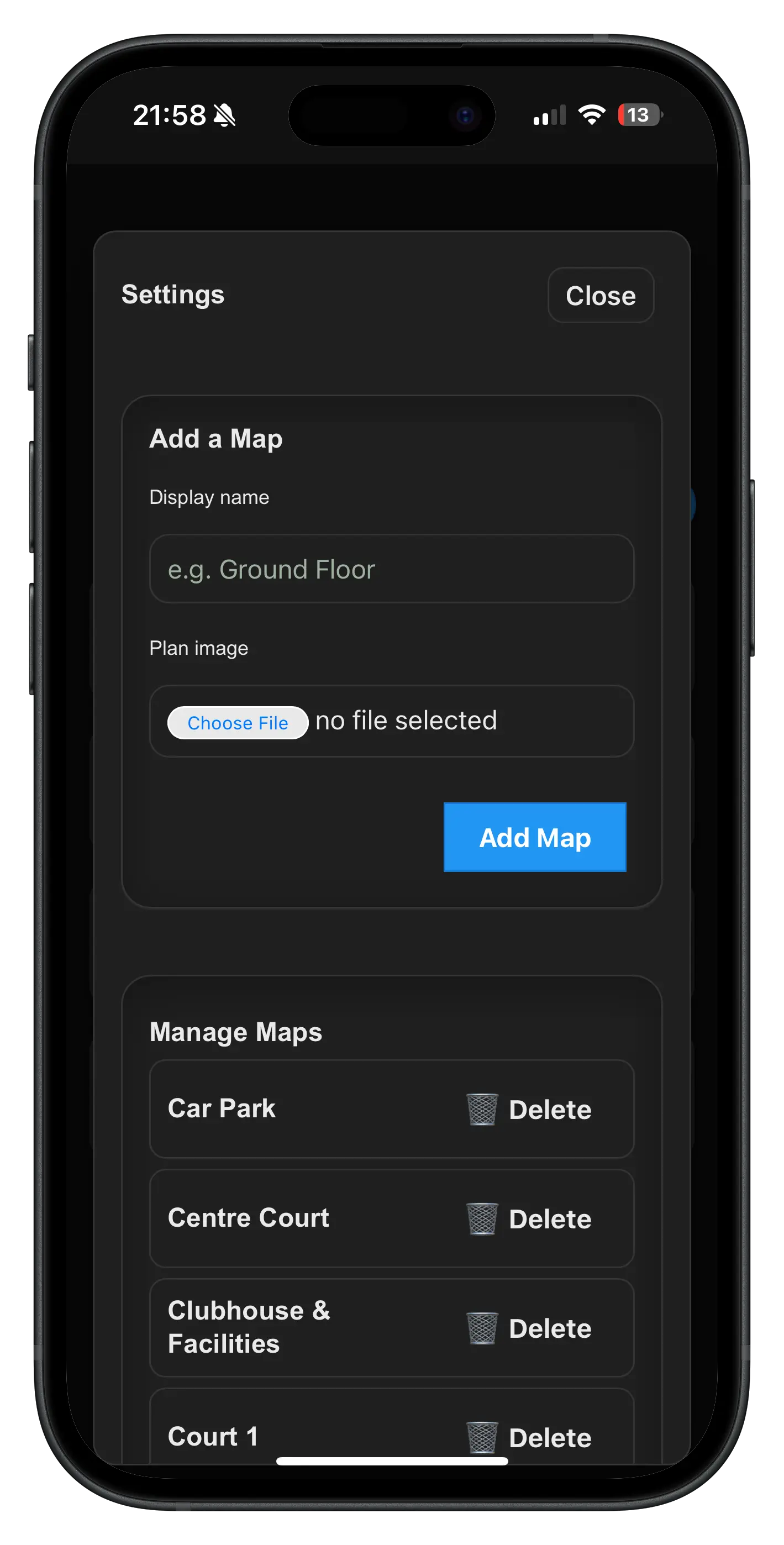 Settings and map upload